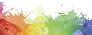 Illustration with rainbow musical notes, waves